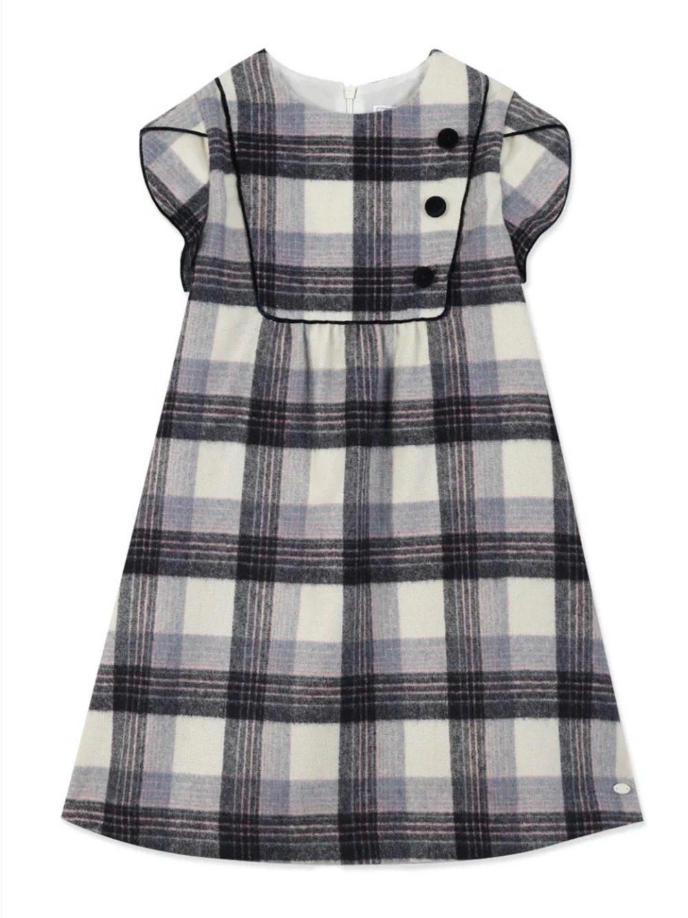 Girls Plaid Flutter Sleeve Dress in Gray and White